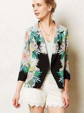 Corey Lynn Calter Black Floral Print 3/4 Sleeve Single Button Blazer Size S